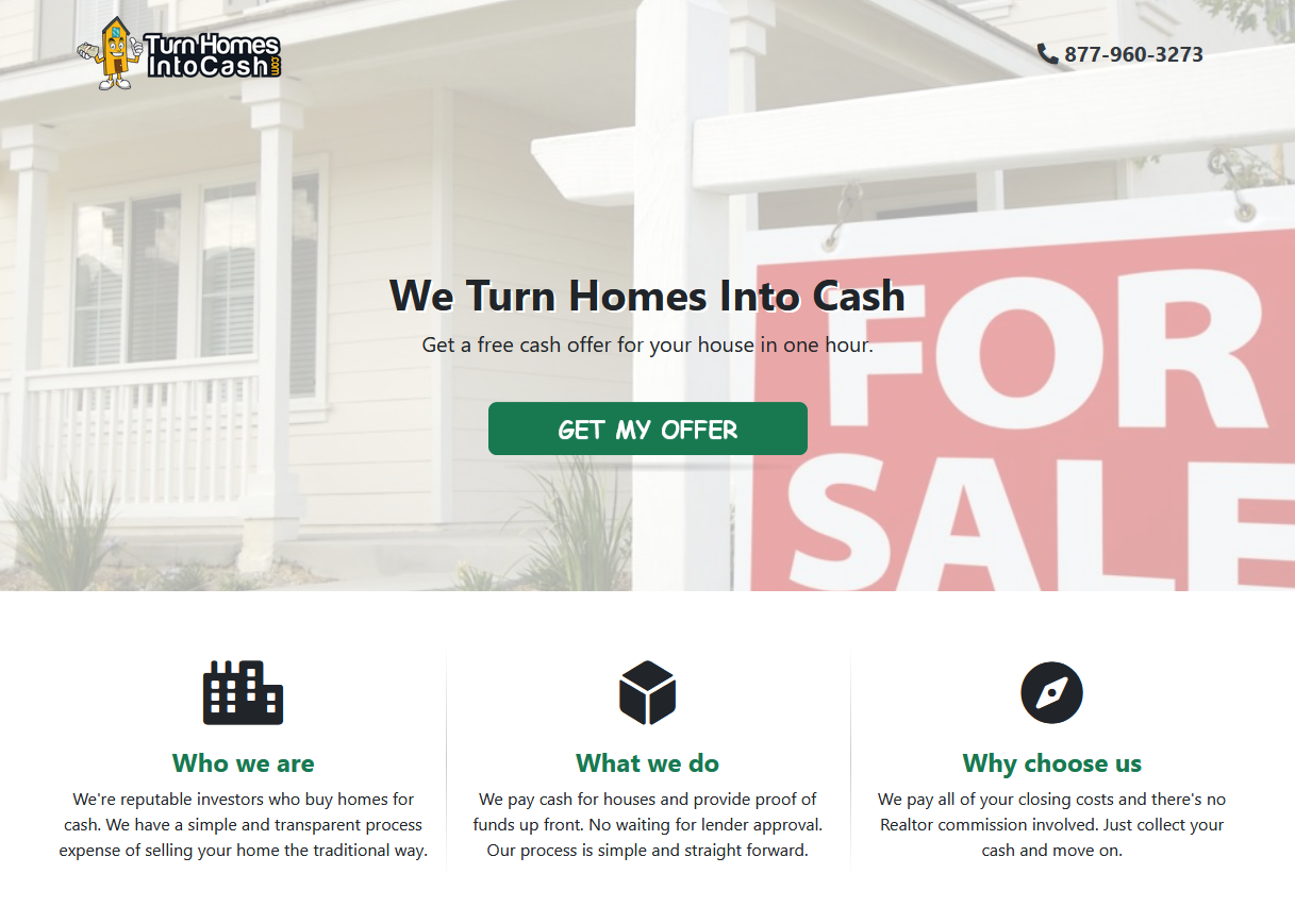 Screenshot of Turn Homes Into Cash real estate website
